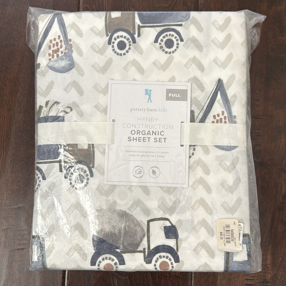 Pottery Barn Kids construction organic sheet set Full size NWT